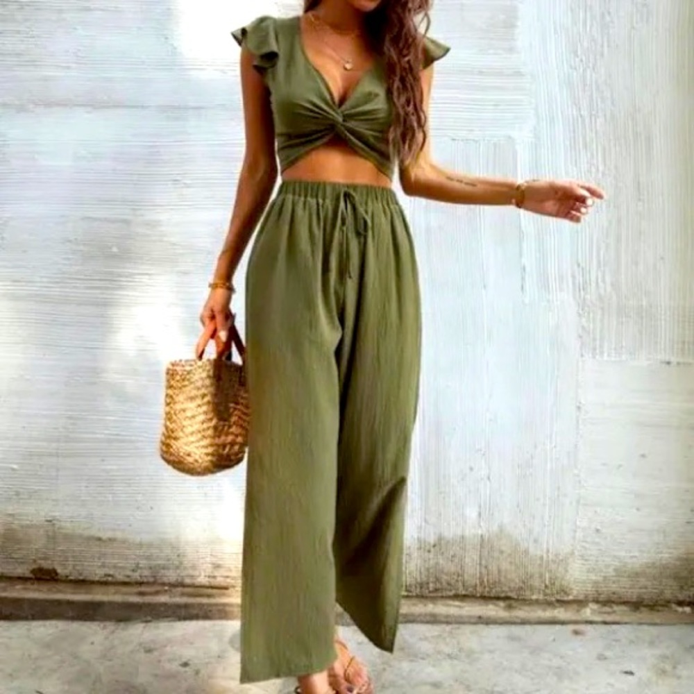 Olive Ruffle Trim Twist Top With Pants- Never Worn- Large